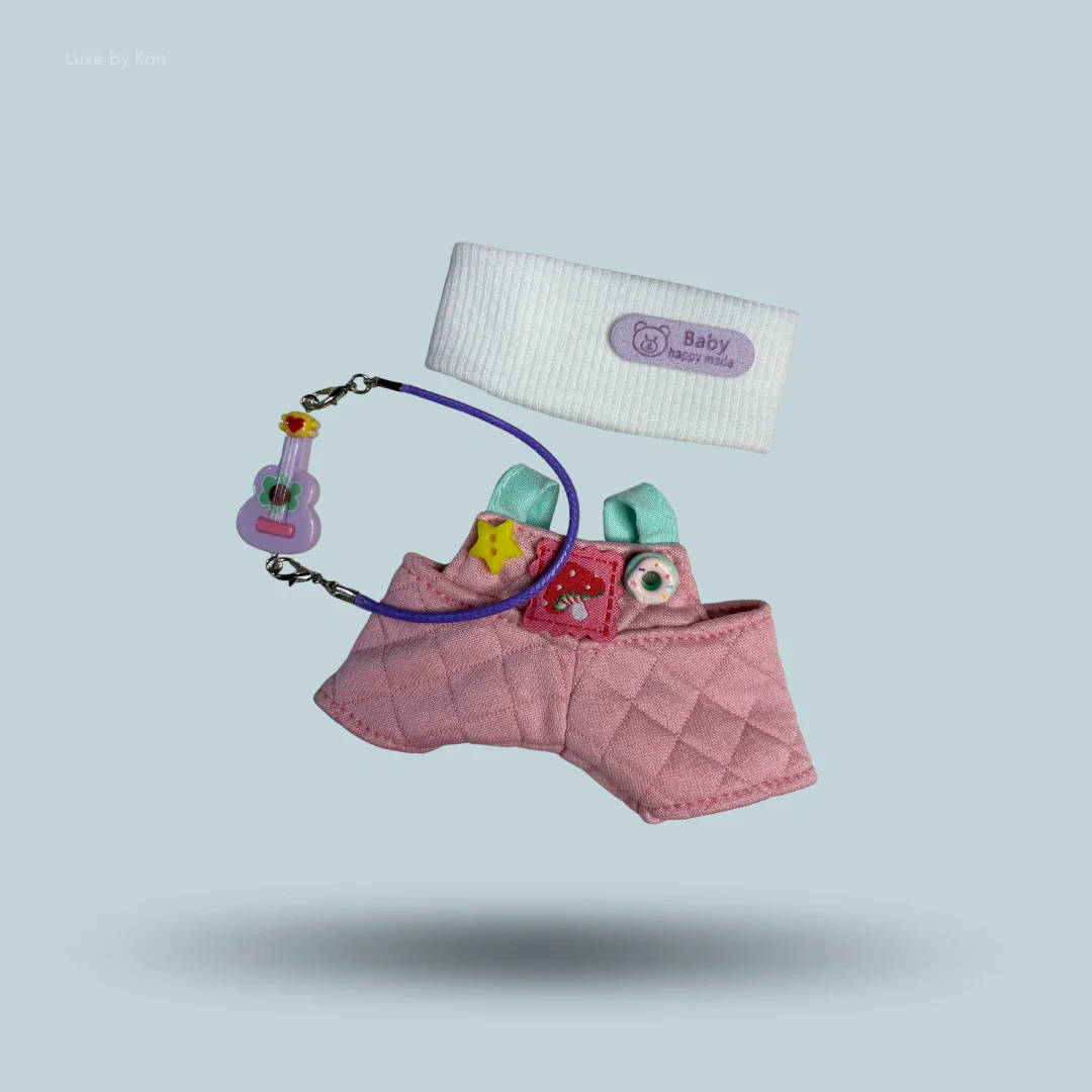 Labubu Doll Bunny Daydream Quilted Pink Overall Outfit Set With Headband & Mini Guitar Accessory - 3 Piece Set - Image 2